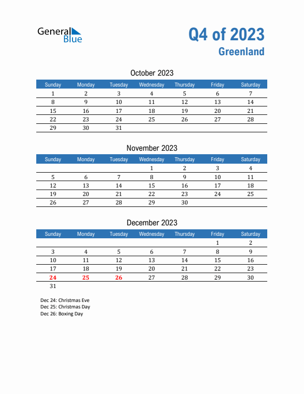 Greenland Q4 2023 Quarterly Calendar with Sunday Start