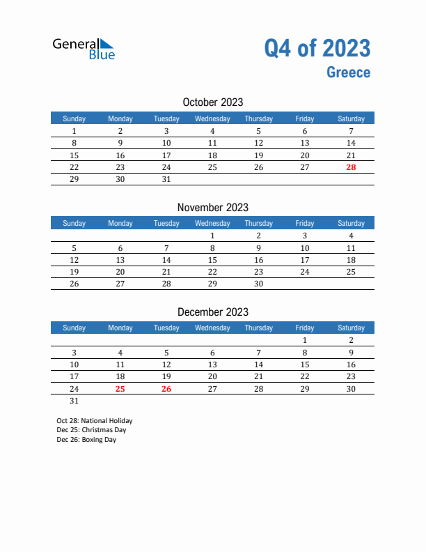 Greece Q4 2023 Quarterly Calendar with Sunday Start