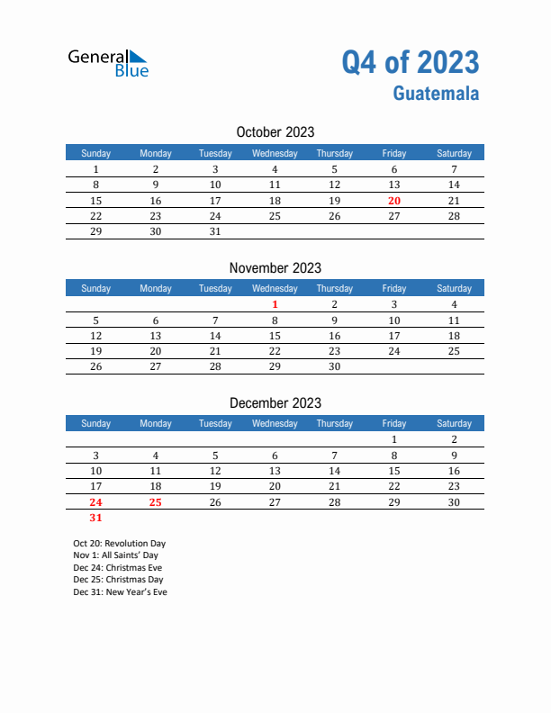 Guatemala Q4 2023 Quarterly Calendar with Sunday Start