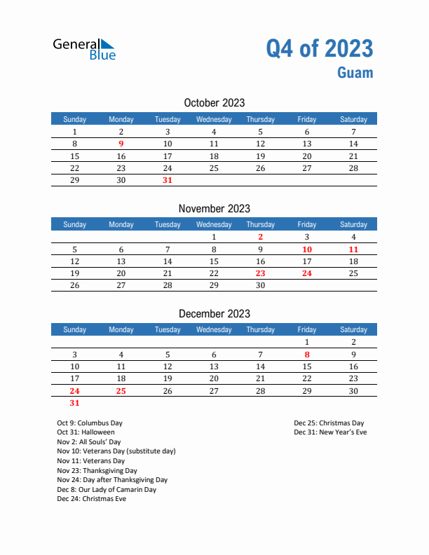 Guam Q4 2023 Quarterly Calendar with Sunday Start