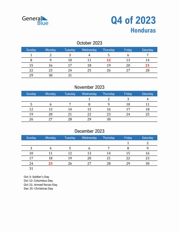 Honduras Q4 2023 Quarterly Calendar with Sunday Start