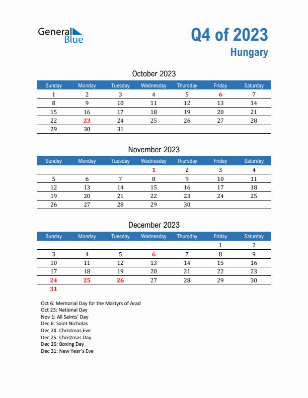 Hungary Q4 2023 Quarterly Calendar with Sunday Start