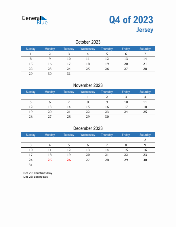 Jersey Q4 2023 Quarterly Calendar with Sunday Start