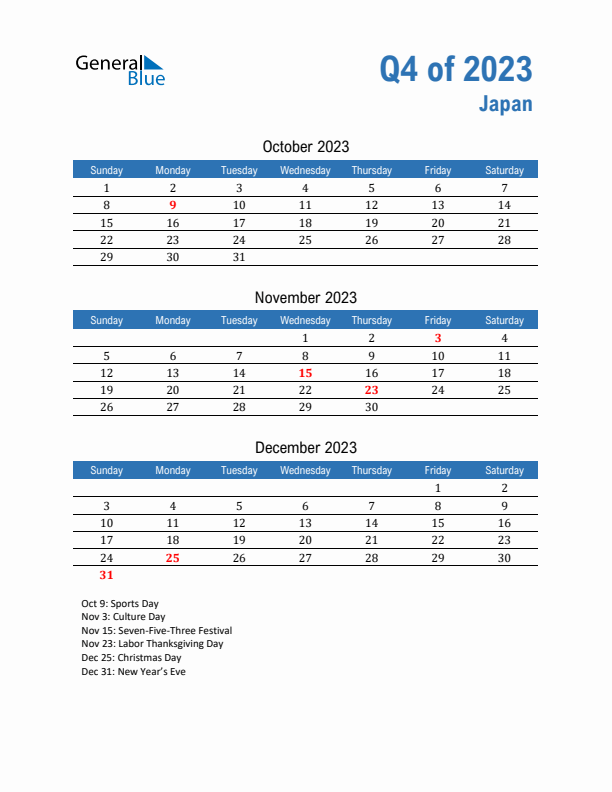 Japan Q4 2023 Quarterly Calendar with Sunday Start