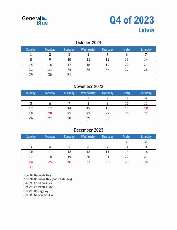 Latvia Q4 2023 Quarterly Calendar with Sunday Start