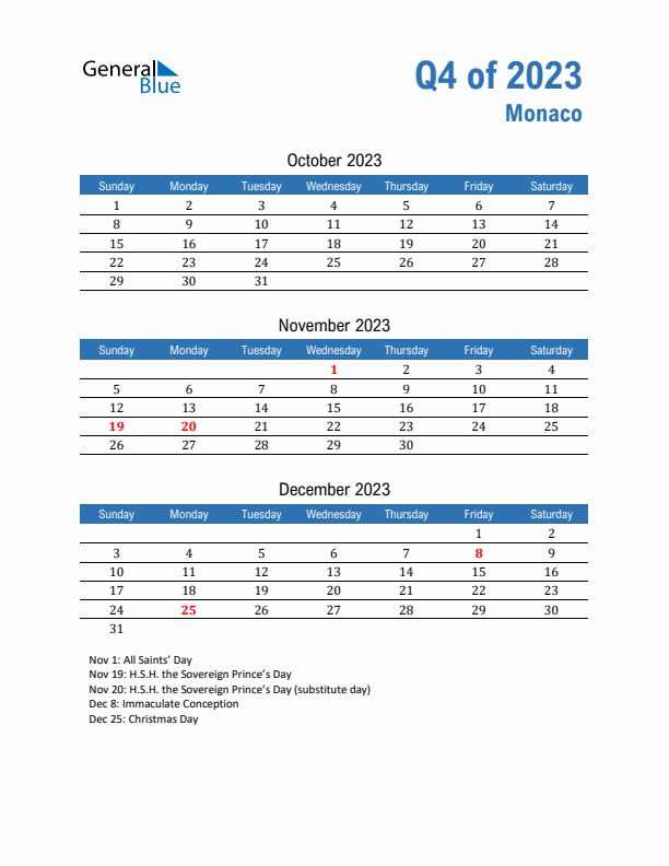 Monaco Q4 2023 Quarterly Calendar with Sunday Start