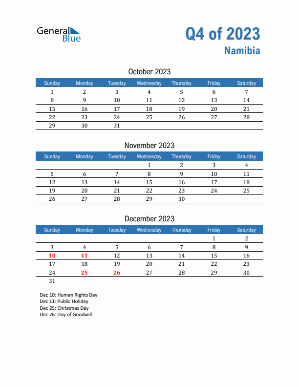 Namibia Q4 2023 Quarterly Calendar with Sunday Start