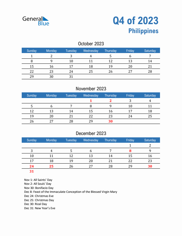 Philippines Q4 2023 Quarterly Calendar with Sunday Start