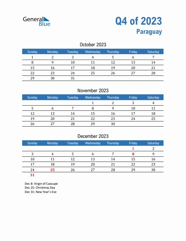 Paraguay Q4 2023 Quarterly Calendar with Sunday Start