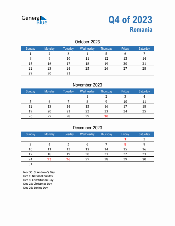 Romania Q4 2023 Quarterly Calendar with Sunday Start