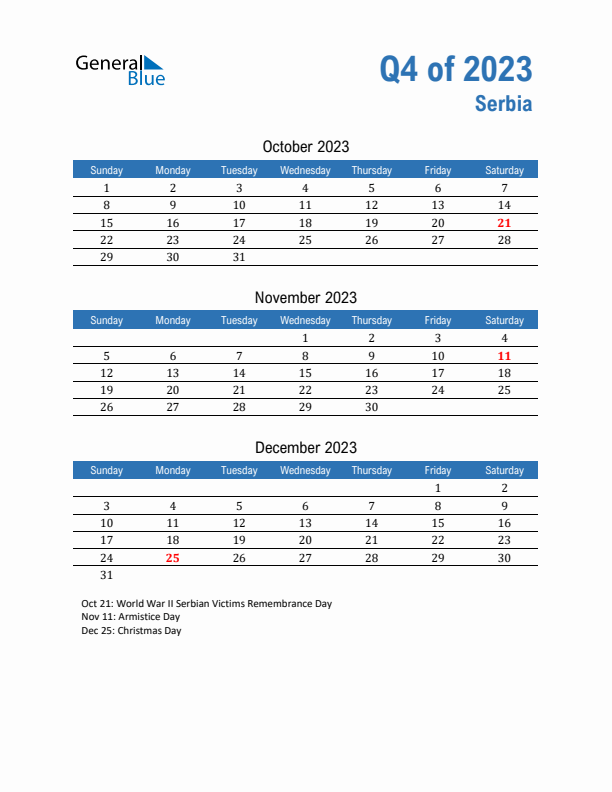 Serbia Q4 2023 Quarterly Calendar with Sunday Start