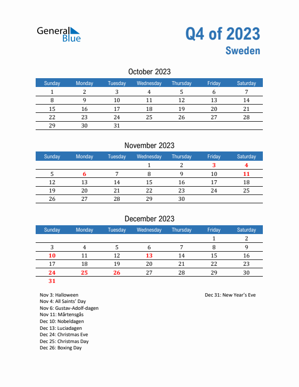 Sweden Q4 2023 Quarterly Calendar with Sunday Start