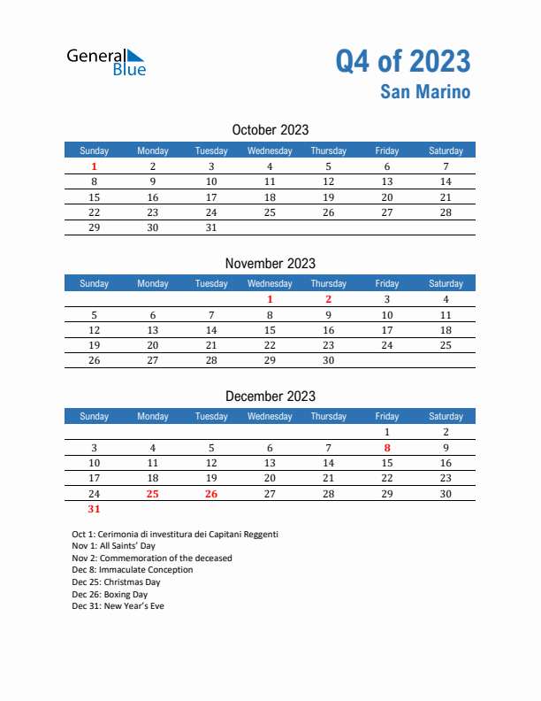 San Marino Q4 2023 Quarterly Calendar with Sunday Start