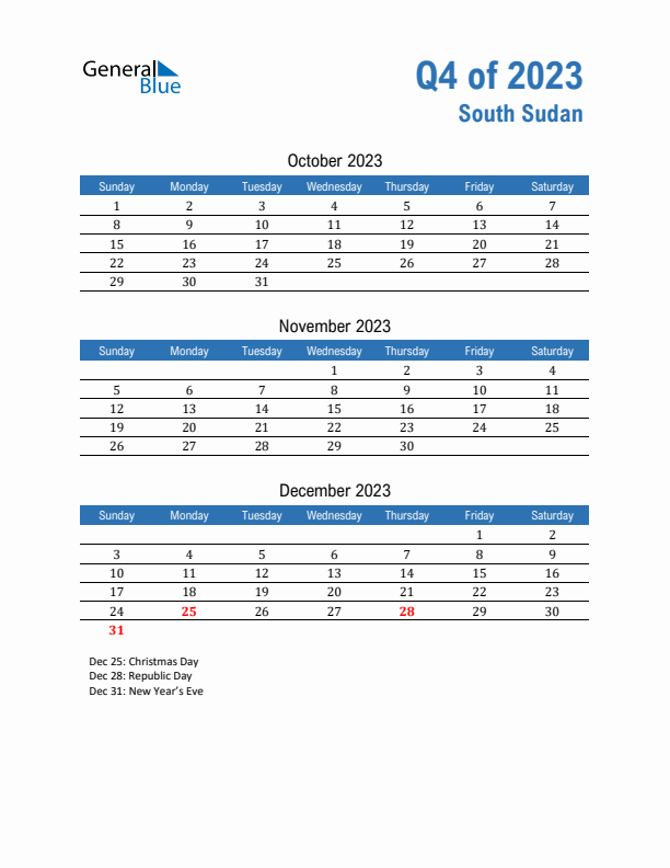 South Sudan Q4 2023 Quarterly Calendar with Sunday Start