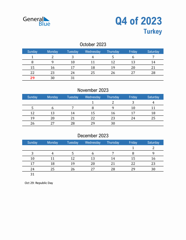 Turkey Q4 2023 Quarterly Calendar with Sunday Start