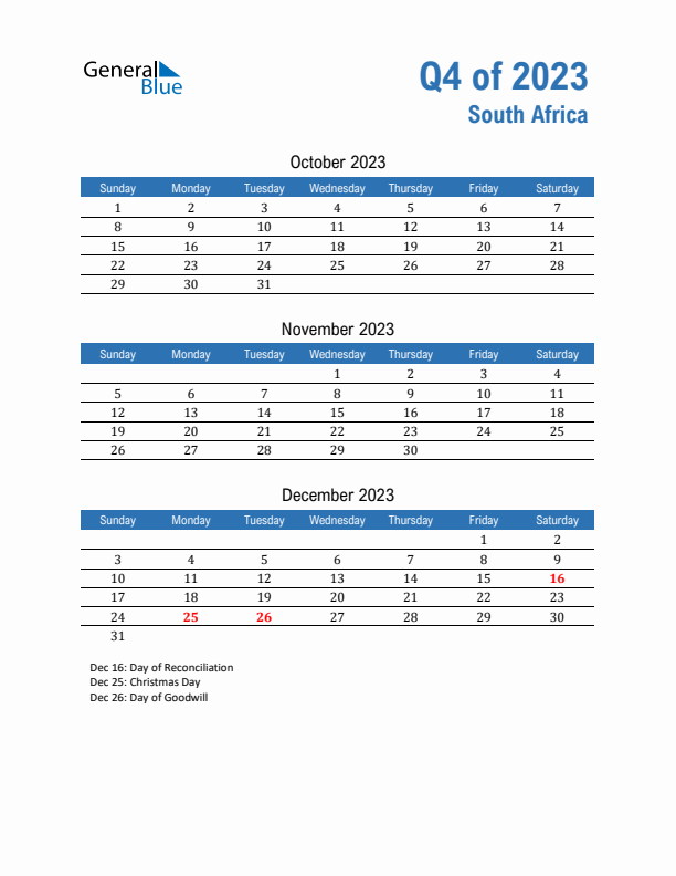 South Africa Q4 2023 Quarterly Calendar with Sunday Start