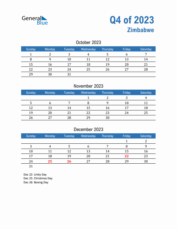 Zimbabwe Q4 2023 Quarterly Calendar with Sunday Start