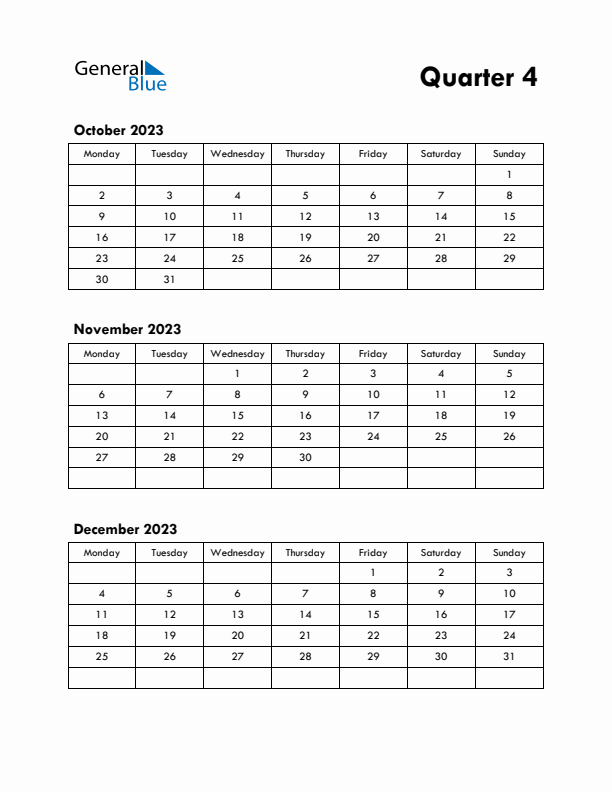 Quarter 4 2023 Calendar - Monday Start