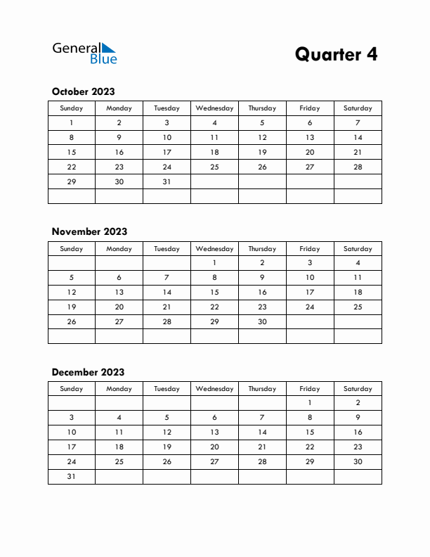 Quarter 4 2023 Calendar - Sunday Start