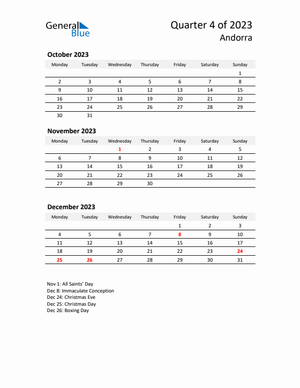 2023 Q4 Three-Month Calendar for Andorra