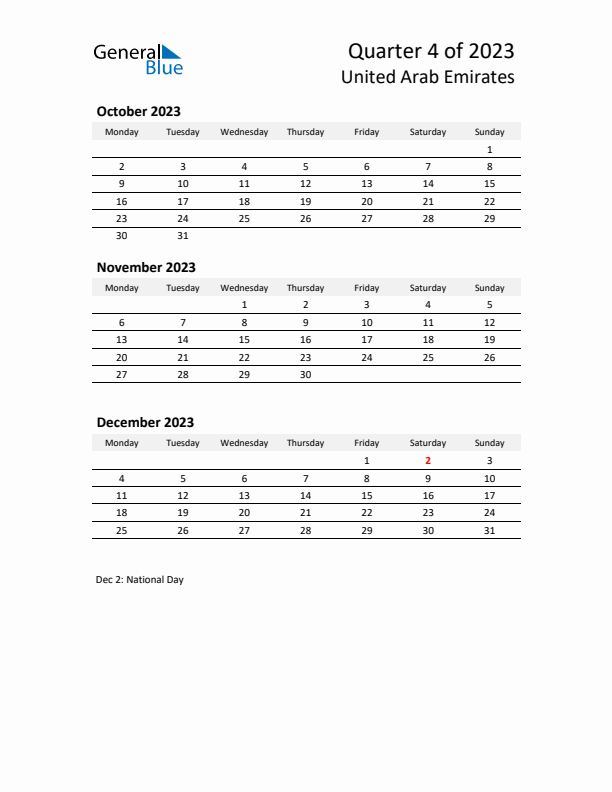 2023 Q4 Three-Month Calendar for United Arab Emirates