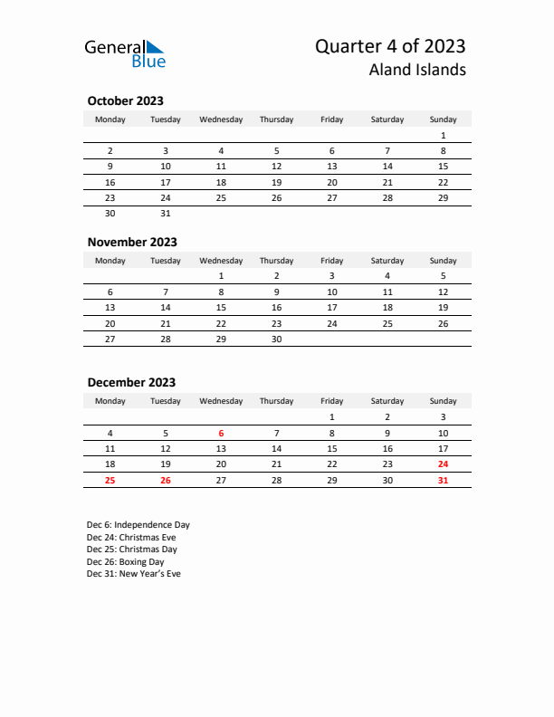 2023 Q4 Three-Month Calendar for Aland Islands