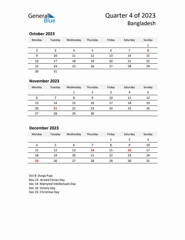 2023 Q4 Three-Month Calendar for Bangladesh