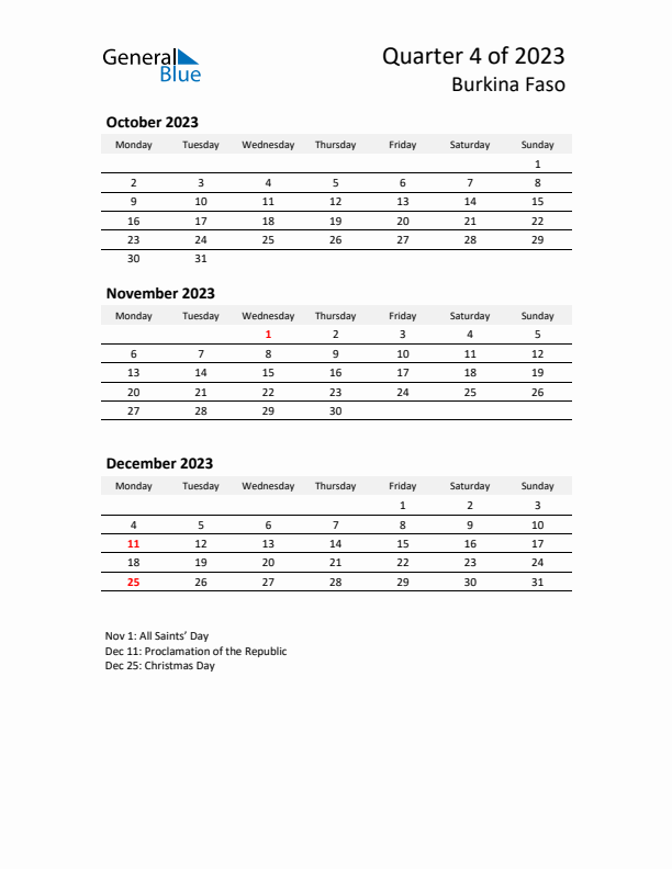 2023 Q4 Three-Month Calendar for Burkina Faso