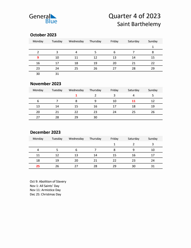 2023 Q4 Three-Month Calendar for Saint Barthelemy