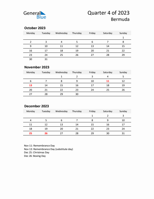 2023 Q4 Three-Month Calendar for Bermuda