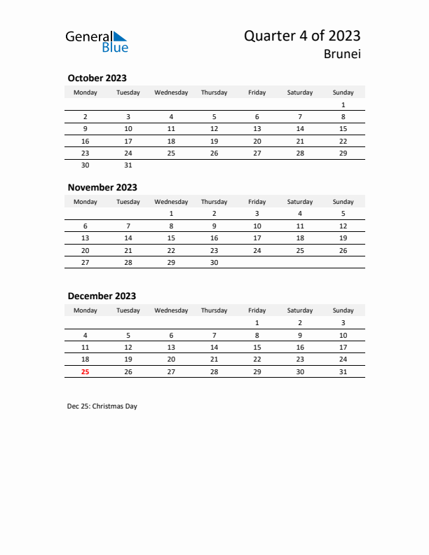 2023 Q4 Three-Month Calendar for Brunei