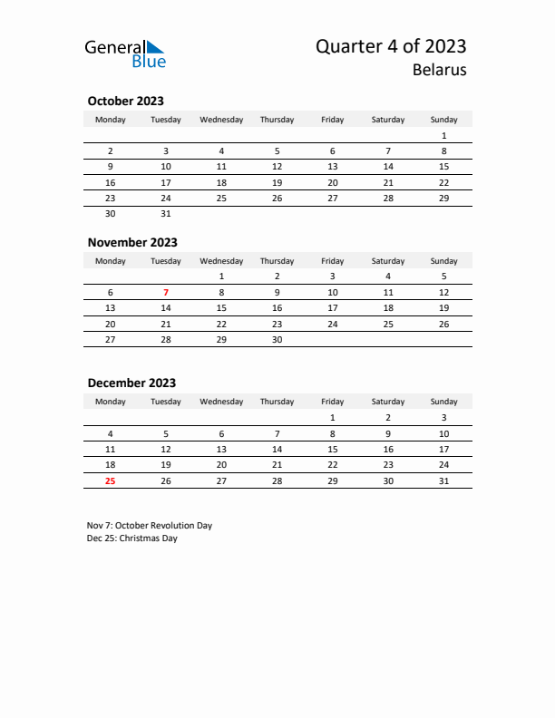 2023 Q4 Three-Month Calendar for Belarus