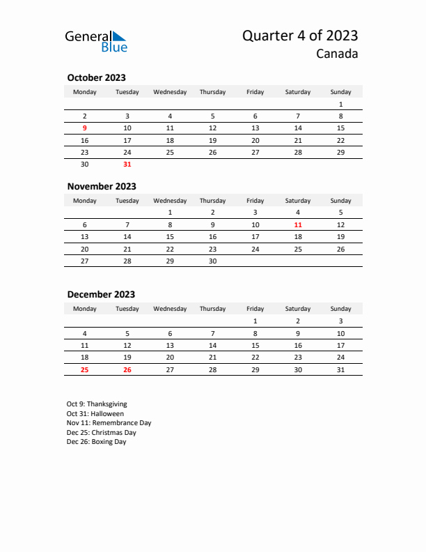 2023 Q4 Three-Month Calendar for Canada