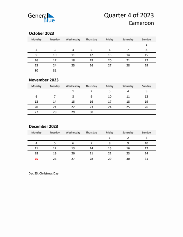 2023 Q4 Three-Month Calendar for Cameroon