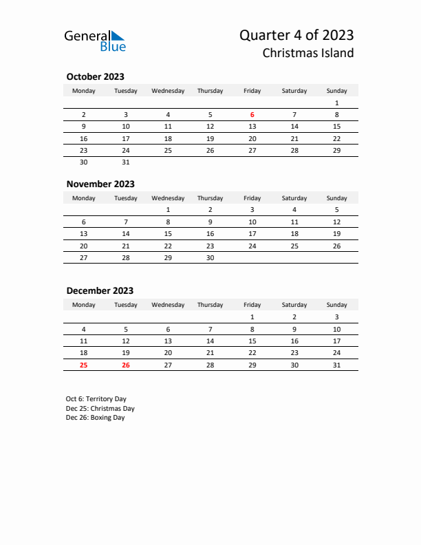 2023 Q4 Three-Month Calendar for Christmas Island