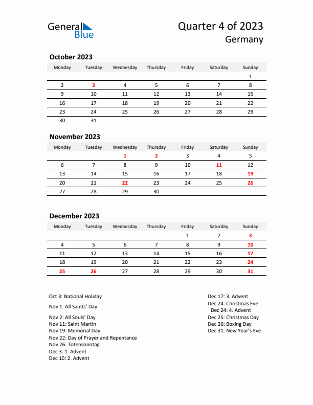 2023 Q4 Three-Month Calendar for Germany