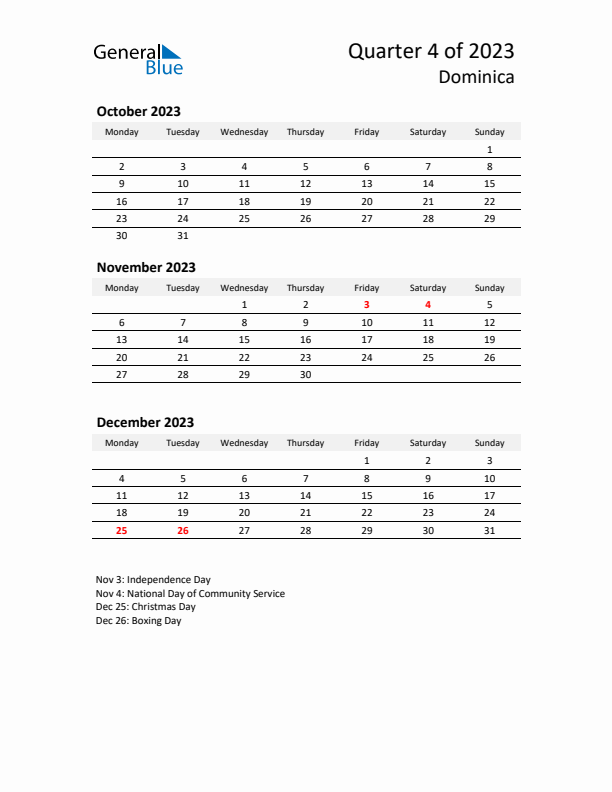 2023 Q4 Three-Month Calendar for Dominica