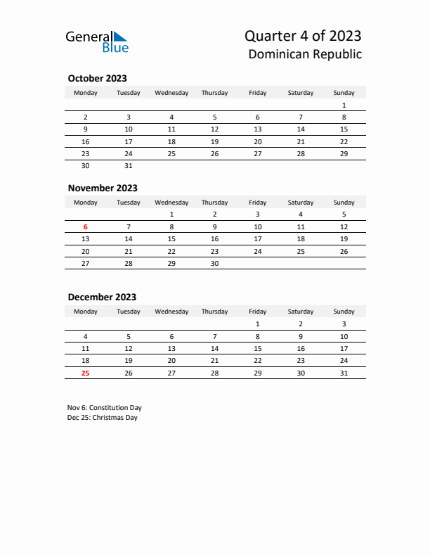 2023 Q4 Three-Month Calendar for Dominican Republic