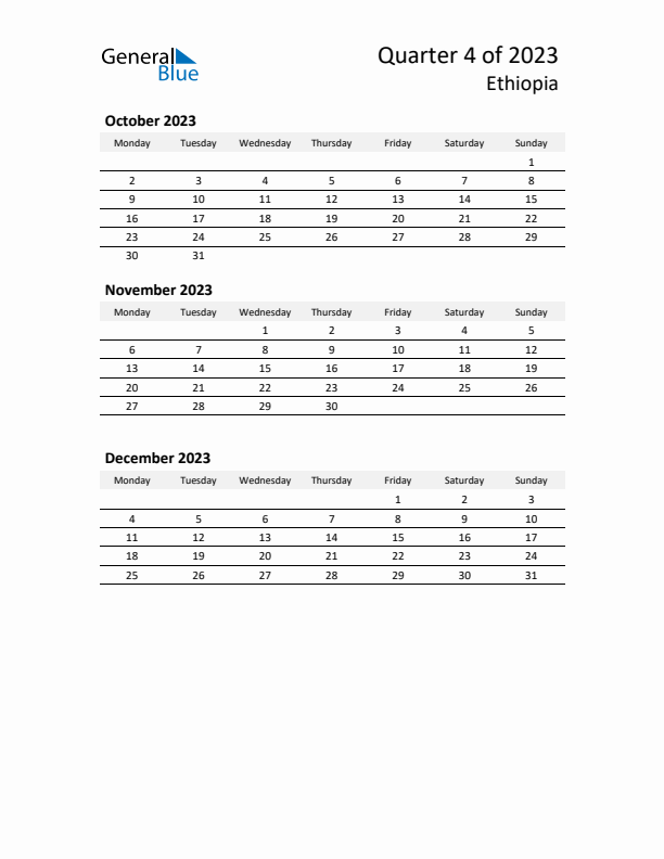 2023 Q4 Three-Month Calendar for Ethiopia