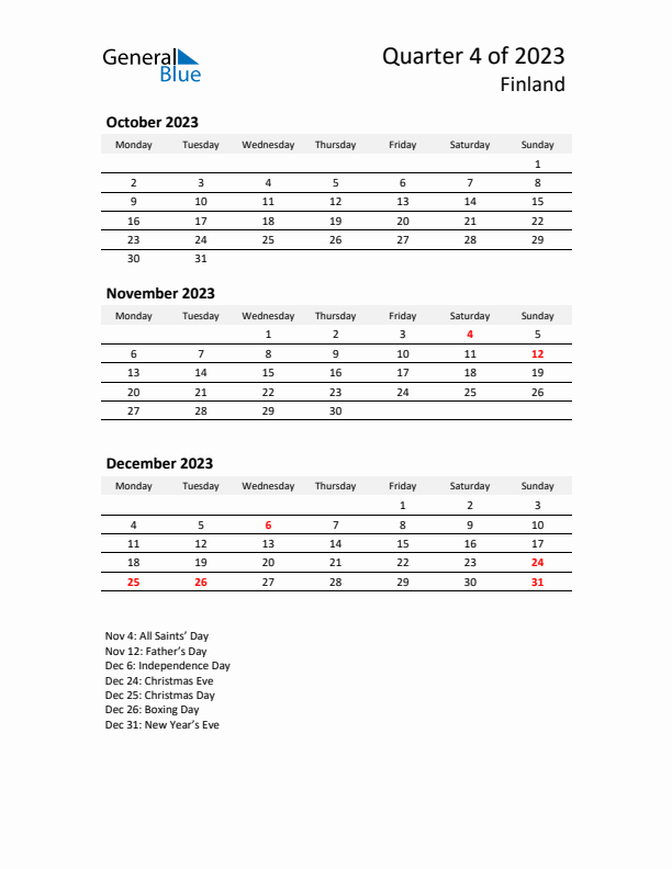 2023 Q4 Three-Month Calendar for Finland