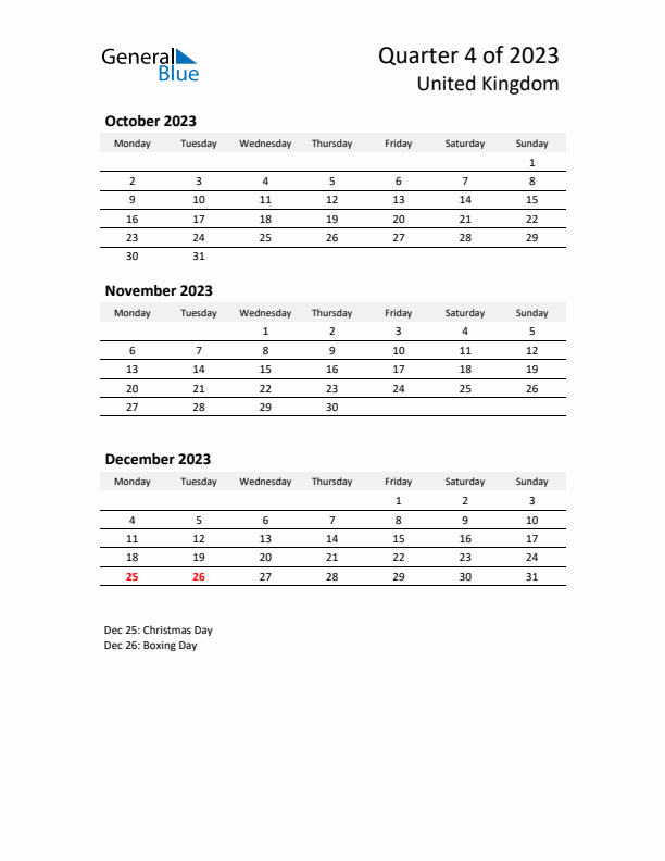 2023 Q4 Three-Month Calendar for United Kingdom