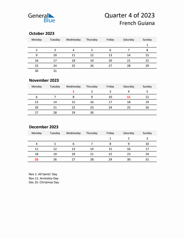 2023 Q4 Three-Month Calendar for French Guiana