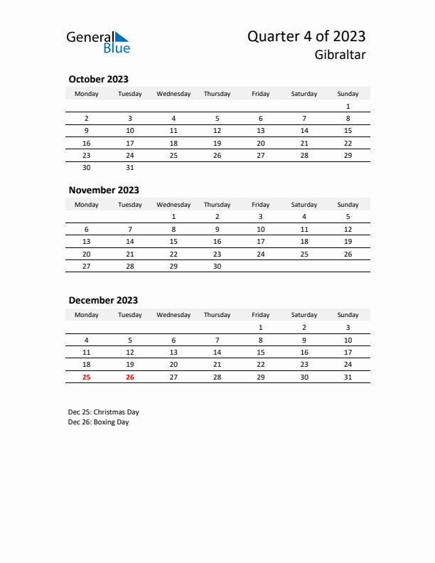 2023 Q4 Three-Month Calendar for Gibraltar