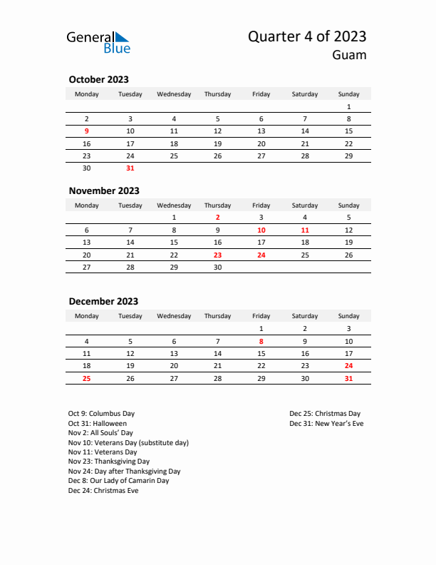 2023 Q4 Three-Month Calendar for Guam