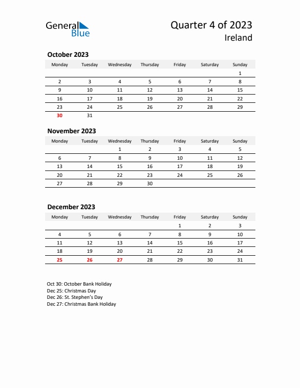 2023 Q4 Three-Month Calendar for Ireland