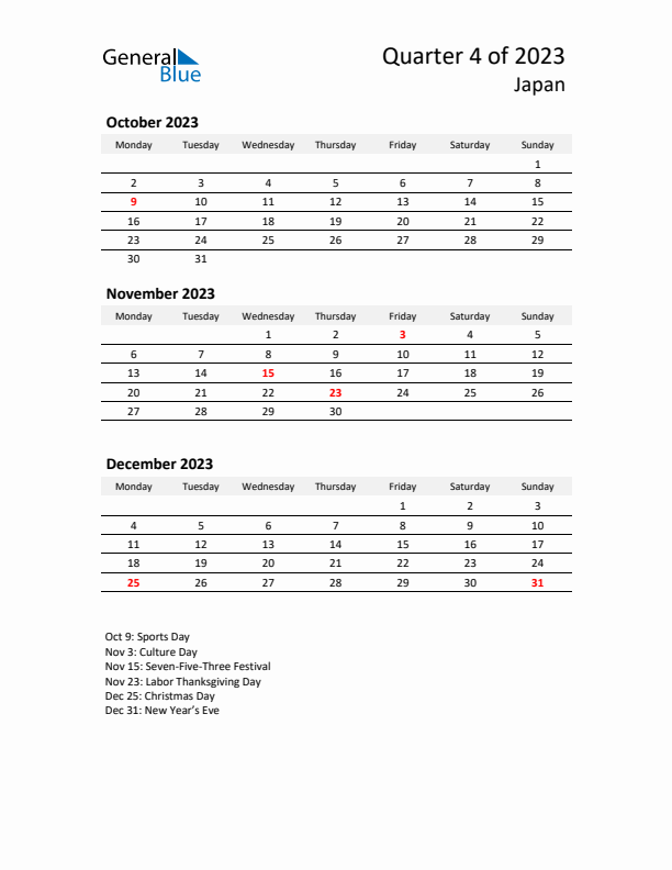 2023 Q4 Three-Month Calendar for Japan