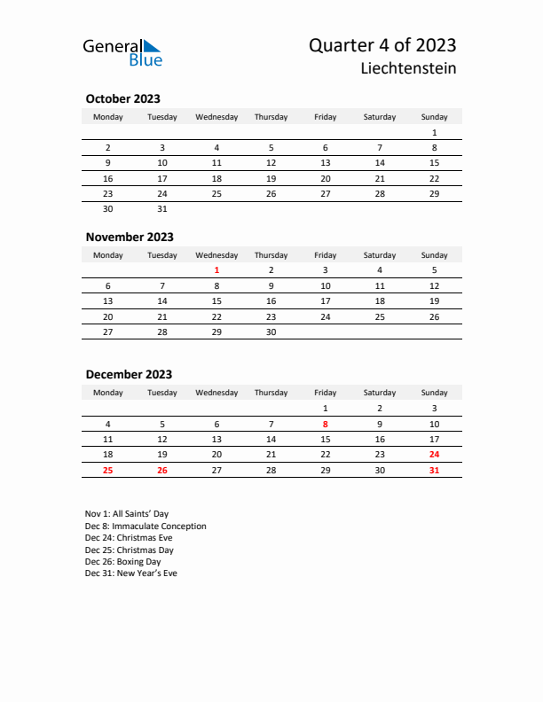 2023 Q4 Three-Month Calendar for Liechtenstein