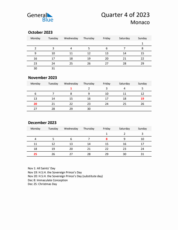 2023 Q4 Three-Month Calendar for Monaco