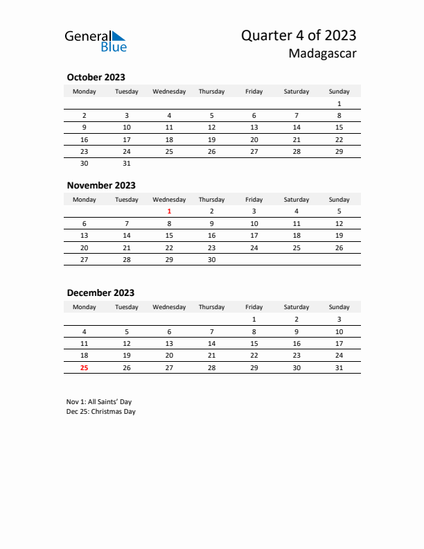 2023 Q4 Three-Month Calendar for Madagascar