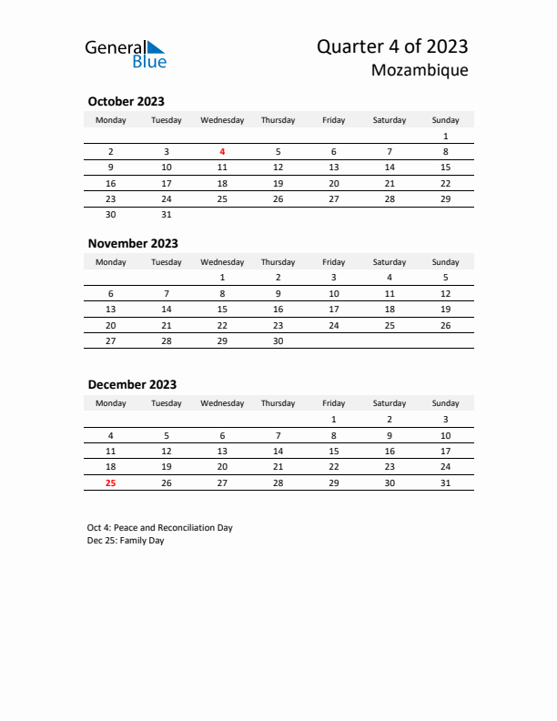 2023 Q4 Three-Month Calendar for Mozambique